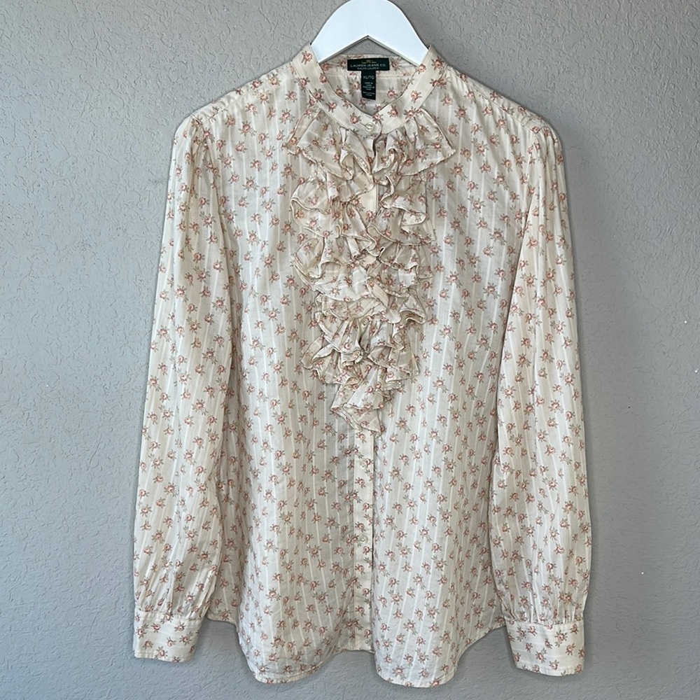 LRL Lauren Jeans Co. Ruffle Front Floral‎ Prairie Blouse Cream Pink Size XL